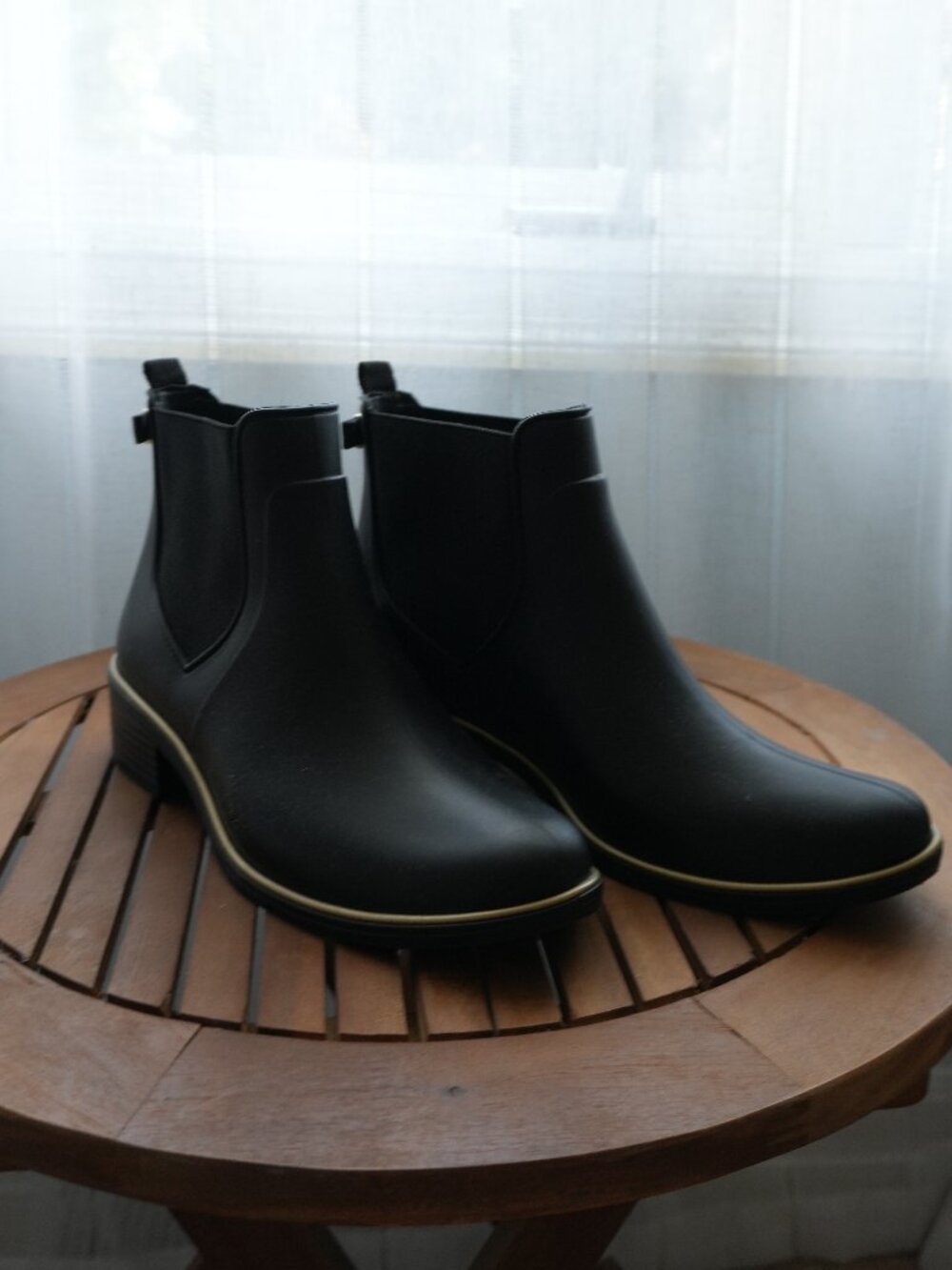 Kate Spade Black Chelsea Rain Boots with Gold Trim